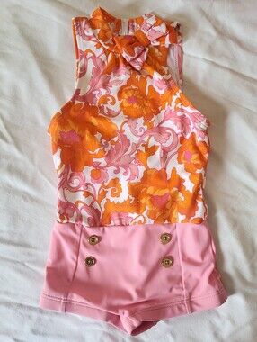 Girls Floral Halter One-Piece Swimsuit - Pink & Orange 2T
